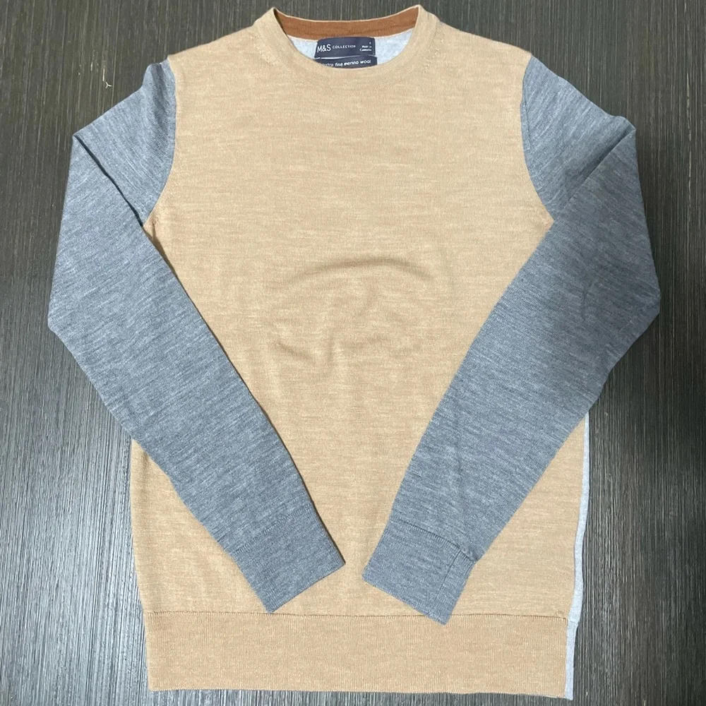 Marks and Spencer Merino Wool Light Brown and Grey Sweater - Picture 12 of 13